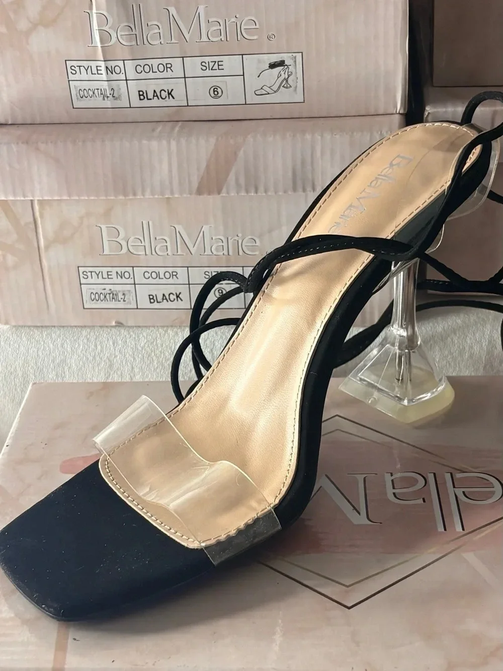 Bella Marie Black Heeled Sandals with Clear Strap